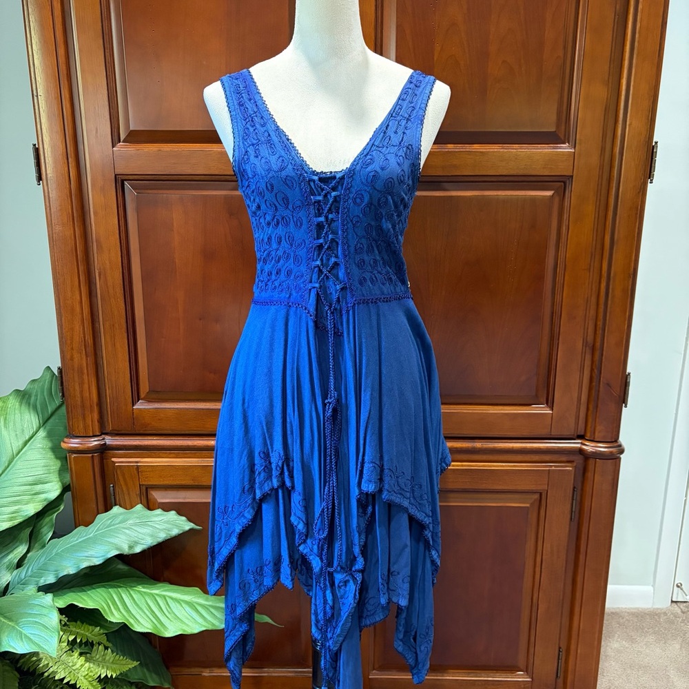 NWT Flower free size denim blue renaissance dress with lace up corset&tiered hem